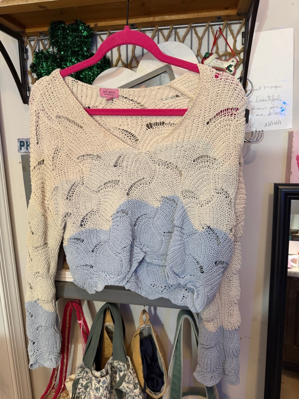 Francesca's Collections Cream and Light Blue Open Knit Sweater